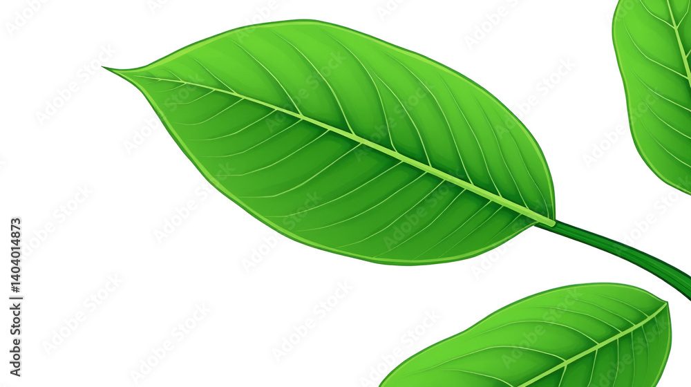 Obraz premium A vibrant green cartoon leaf against a clean white background highlights its detailed veins