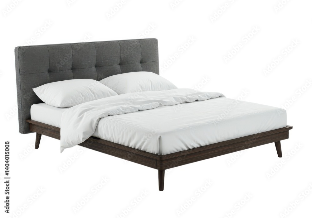 Modern platform bed frame with upholstered headboard design isolated on white background Modern platform bed frame with upholstered headboard design isolated on white background