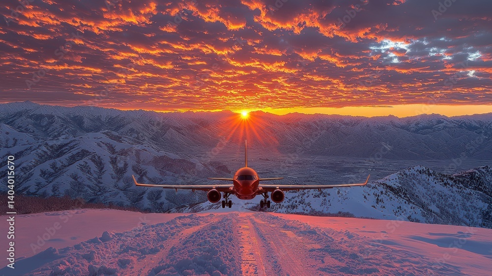 Obraz premium Majestic Sunset Airplane Landing on Snowy Mountain Peak