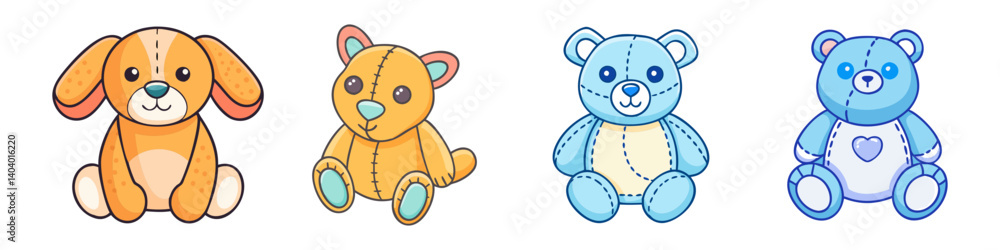 Obraz premium Cute plush toy collection, 4 stuffed animal icons in SVG format, blue and orange teddy bears and puppy dog, nursery character illustrations