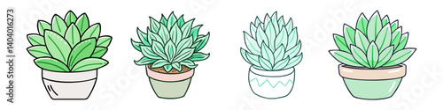 Potted succulent plant collection, set of 4 green houseplant illustrations, hand drawn botanical vector icons in ceramic pots