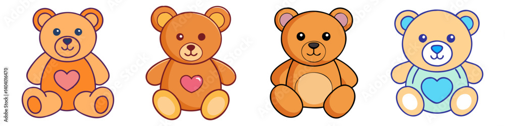 Obraz premium Cute teddy bear collection, set of 4 cartoon plush toy characters with hearts, brown and blue nursery bear illustrations in SVG format