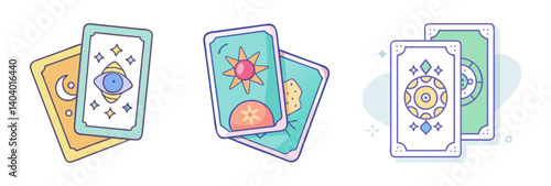 Mystical tarot cards collection, esoteric oracle deck icons with sun and moon symbols, pastel celestial divination vector set
