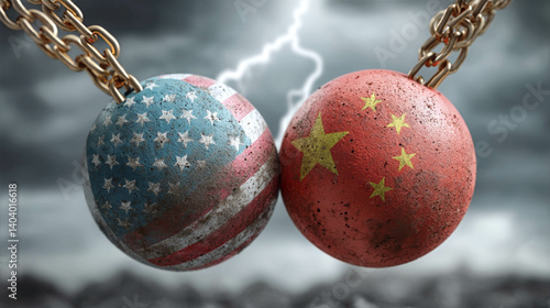 Tension between United States and China represented by two opposing spheres in a conflict concept
