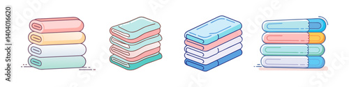 Pastel folded towels collection, 4 sets of stacked bathroom linens, soft cotton fabric icons in flat vector style for laundry and spa