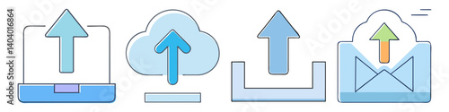 Modern upload icon set in blue line style, cloud computing and data transfer symbols, digital file sharing and laptop upload graphics