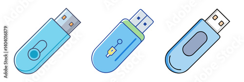 USB flash drive icons set, blue memory stick vector illustrations, portable data storage devices for computer backup and file transfer