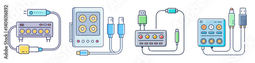 Audio interface and electronic music equipment icons, professional sound recording hardware set, studio gear and cable connectors in flat line style