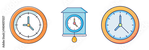 Modern clock icon set with wall clocks and pendulum clock, colorful flat vector illustrations of timepieces, 3 SVG elements for time management