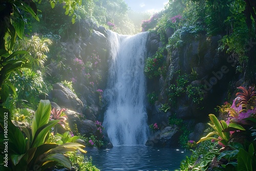 Fototapeta Naklejka Na Ścianę i Meble -  Waterfall cascading into a pool surrounded by lush tropical vegetation and vibrant flowers visible