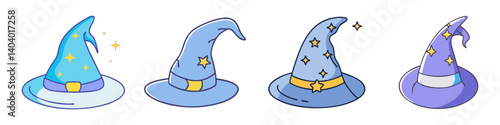 Whimsical wizard hat collection, set of 4 blue and purple magic sorcerer hats with gold stars, fantasy witch headwear icons in SVG format