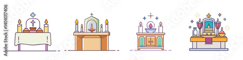 Religious church altar icons set, Christian worship sanctuary with candles and cross, 4 spiritual chapel interior vector illustrations