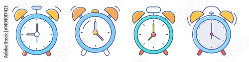Retro alarm clock icon set, 4 colorful vintage style clocks with ringing bells, blue and yellow time management symbols for morning wake up