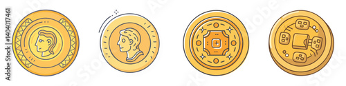 Ancient gold coins collection, set of 4 historical golden currency icons, antique roman and greek style money, flat vector illustration