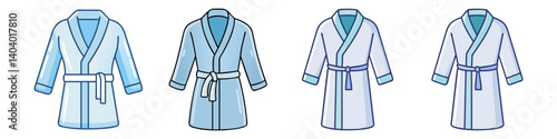 Blue bathrobe icon set, collection of 4 spa robes in various shades of blue, comfortable morning dressing gown vector illustrations