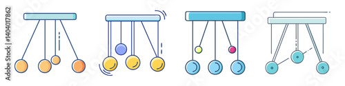 Newton's cradle pendulum icon set, physics motion concept illustrations, 4 scientific kinetic energy balance symbols in flat line style