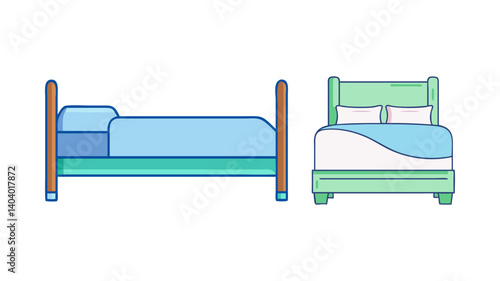 Modern bed icons set in flat line style, bedroom furniture collection with side and front views, blue and green sleeping bed vector illustrations
