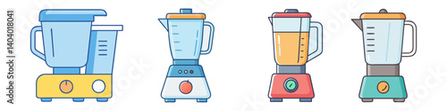Kitchen blender icons set, colorful food processor and smoothie maker collection, 4 electric mixer vector illustrations for cooking