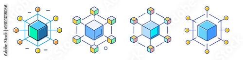 Blockchain technology icons set, isometric 3D data cubes and decentralized network nodes, digital infrastructure SVG collection for fintech
