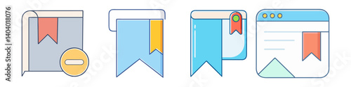Modern bookmark icon set, flat line digital library symbols, 4 colorful web interface elements for browser favorites and reading lists