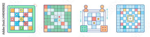 Board game icon set with 4 colorful SVG illustrations. Tabletop gaming grid symbols, strategy game board elements, leisure activity graphics