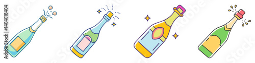 Champagne bottle icons in flat line style, set of 4 sparkling wine bottles popping corks, celebratory drink vector illustrations for party events