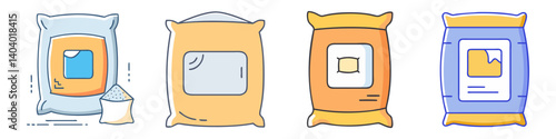 Industrial sack and bag icons set, flat line vector illustration of 4 heavy duty sacks for flour, cement, or grain, packaging design elements