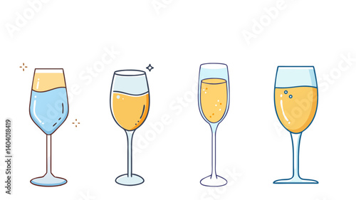 Minimalist champagne glass icons set, elegant wine flute and sparkling cider illustrations, 4 vector beverage glasses for celebration