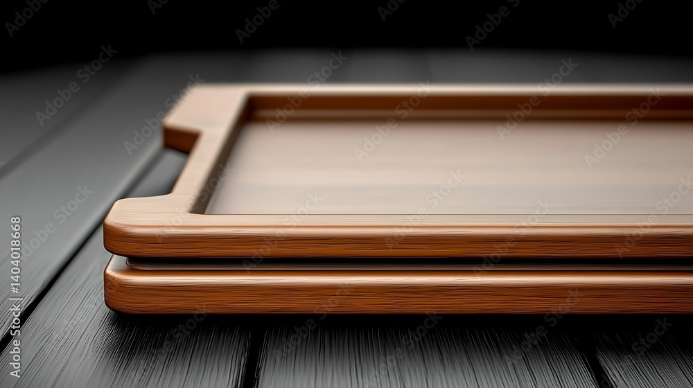 Elegant wooden serving tray resting on a dark wooden surface, highlighting craftsmanship and design Elegant wooden serving tray resting on a dark wooden surface, highlighting craftsmanship and design