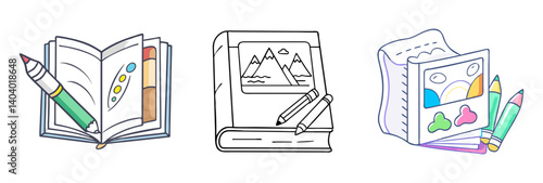 Creative coloring book icons set, hand drawn art supplies and sketchbook illustrations, 3 colorful drawing and hobby vector elements
