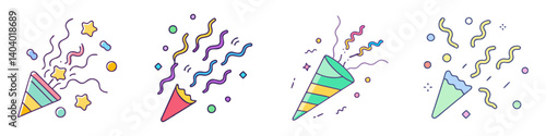 Colorful party popper icons set, festive confetti explosion with streamers and stars, 4 celebration poppers in flat line style