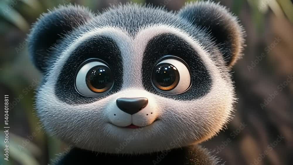 Adorable cartoon panda with large expressive eyes in a lush green forest setting Adorable cartoon panda with large expressive eyes in a lush green forest setting