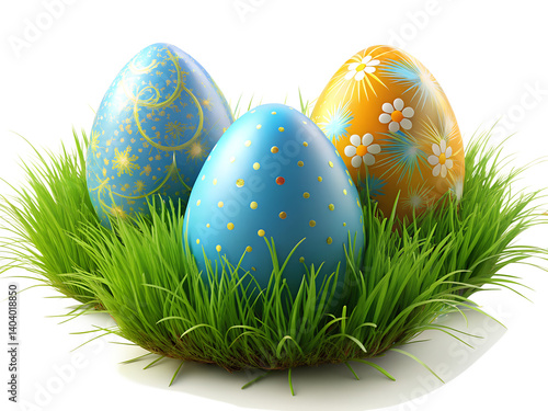 Elegant Easter Sunday Eggs with Grass on an Isolated Background, Easter Sunday Colorful Eggs