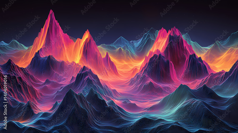 Obraz premium In the realm of fantasy, ethereal mountains glow with neon lines, a vision in galaxy colors. Cursed Chronicle. Illustration