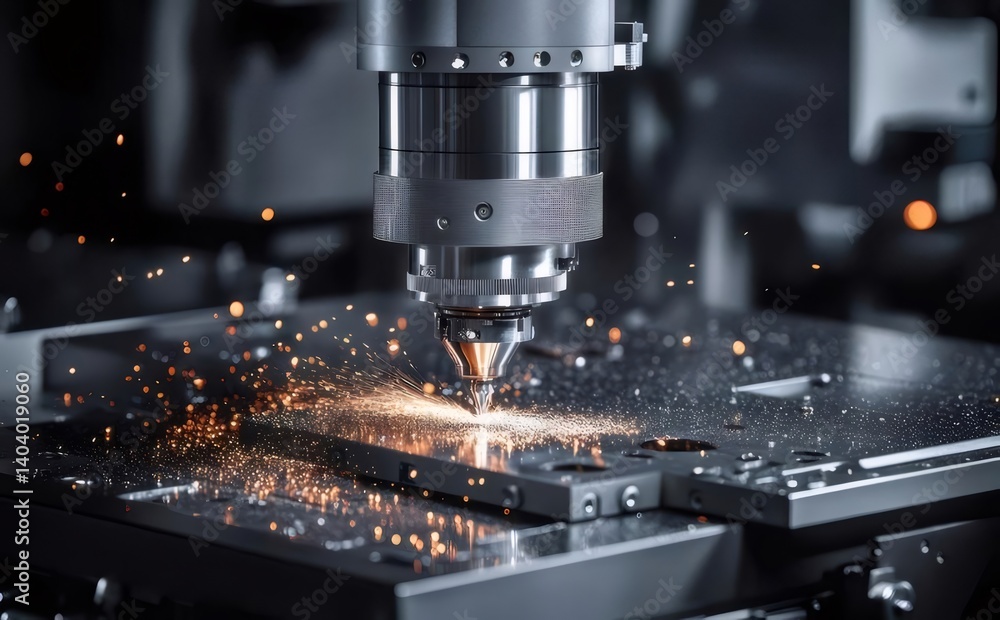 Automated Metal Cutting Machine in Action with Sparks and Focus Detail Automated Metal Cutting Machine in Action with Sparks and Focus Detail