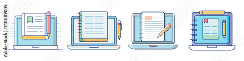 Flat line laptop icons with digital notebooks, online education and remote learning concept, set of 4 vector illustrations for blogging and writing