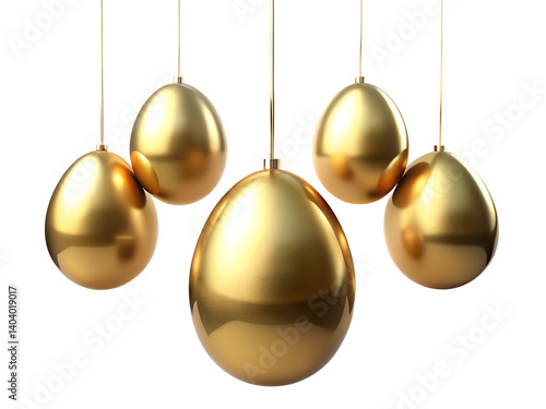 Elegant Golden Hanging Eggs on an Isolated White Background,Elegant and Golden Egg 