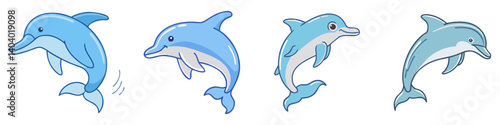 Cartoon blue dolphin collection, set of 4 jumping aquatic mammal characters, playful sea animal vector illustrations for kids and ocean education