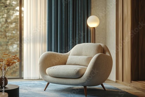 Beige armchair, blue curtains, modern living.