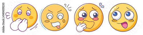 Cute emoji stickers with embarrassed and nervous expressions, set of 4 yellow cartoon face icons, shy and awkward character emoticons in SVG format
