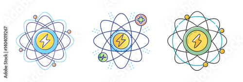 Atomic energy icons set, nuclear power symbols with lightning bolt, science and physics research vector illustrations in flat line style