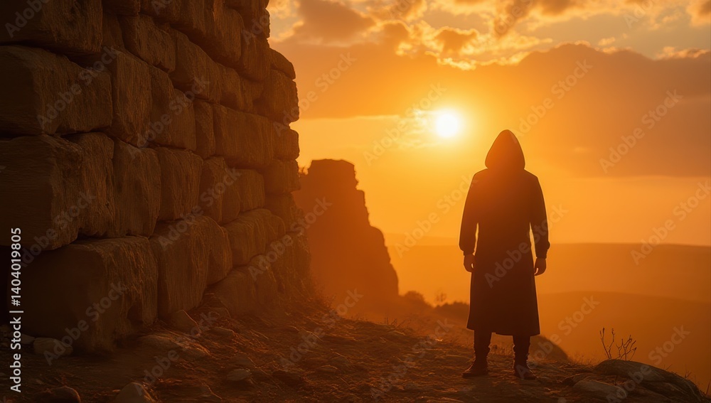 Fototapeta premium Silhouette of Person at Sunset by Ancient Stone Wall