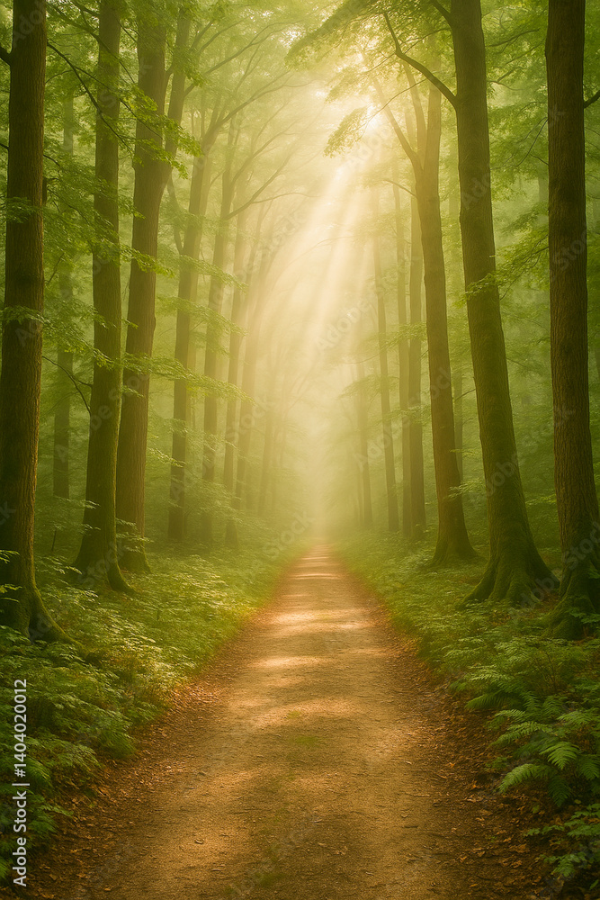 Naklejka premium Mystical Forest Path with Sunbeams Through Morning Mist