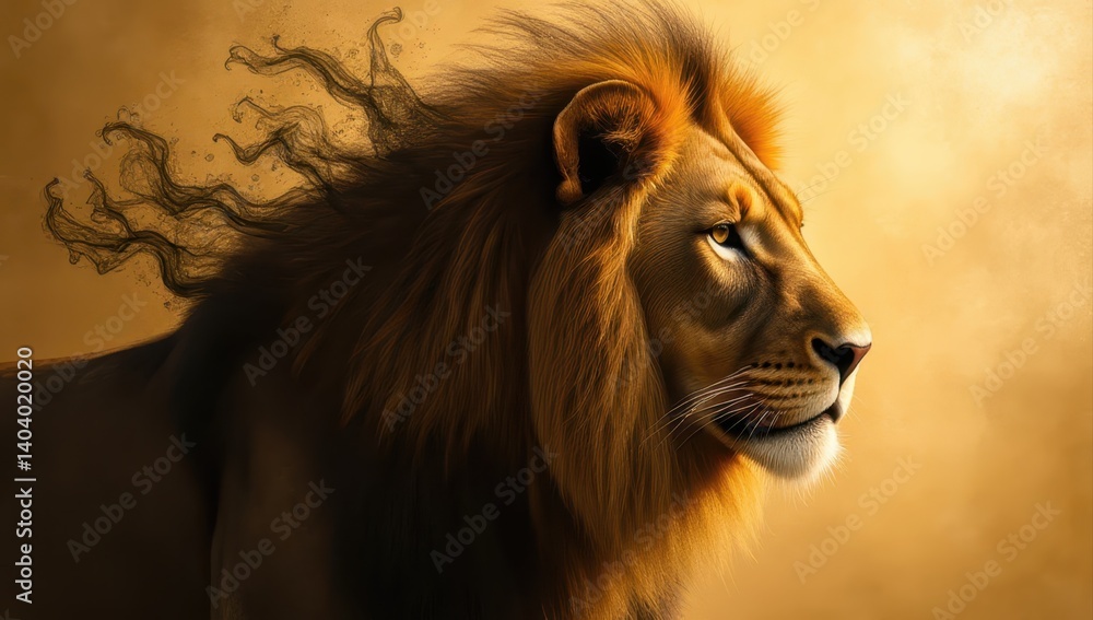 Naklejka premium Majestic Lion with Flowing Mane in Golden Light