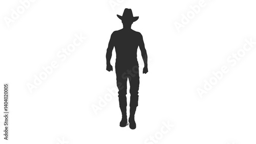 Black and white silhouette of a well-built adult man ranger walking in cowboy hat, Front view, Full HD footage with alpha transparency channel isolated on white background