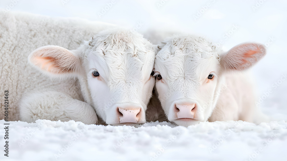 Obraz premium Two White Calves Huddled Together in Snowy Field