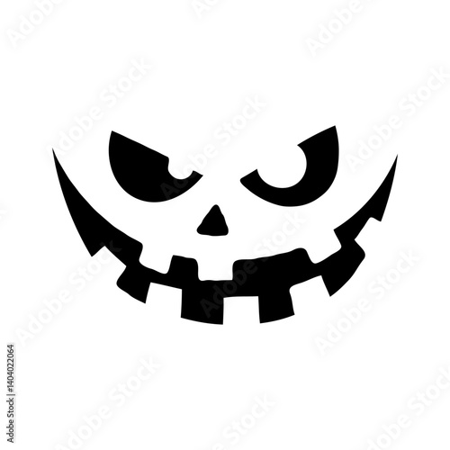 Scary cartoon-style pumpkin face with menacing eyes and sharp teeth, black and white on a white background, concept of Halloween horror