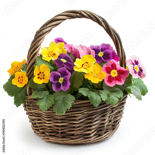 flowers, primrose basket, colorful primroses, spring flowers on white background