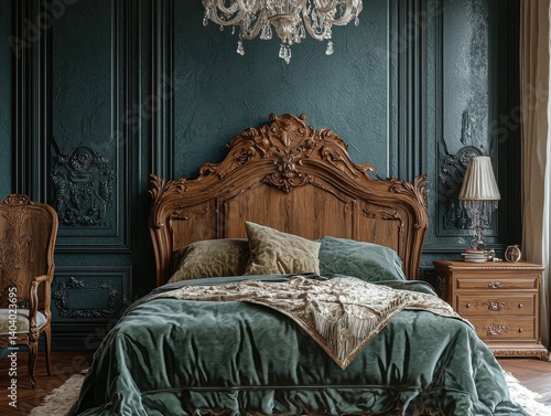 Opulent bedroom featuring an ornate wooden bed, a crystal chandelier, and elegant dark teal wall panels. A luxurious and inviting space.