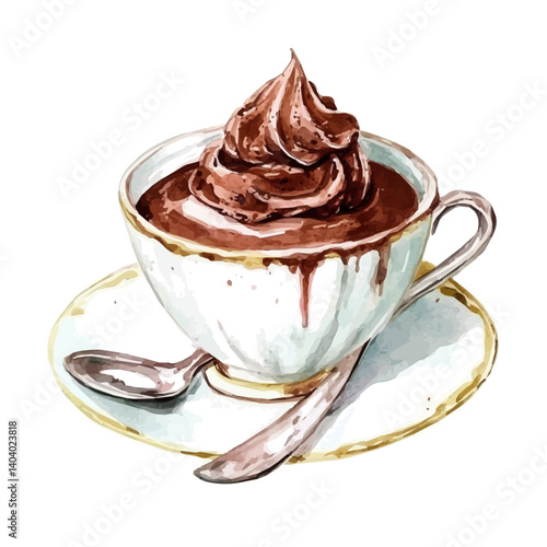 illustration of Chocolate Mousse In A Delicate Cup, watercolor vector, isolated on a white background.